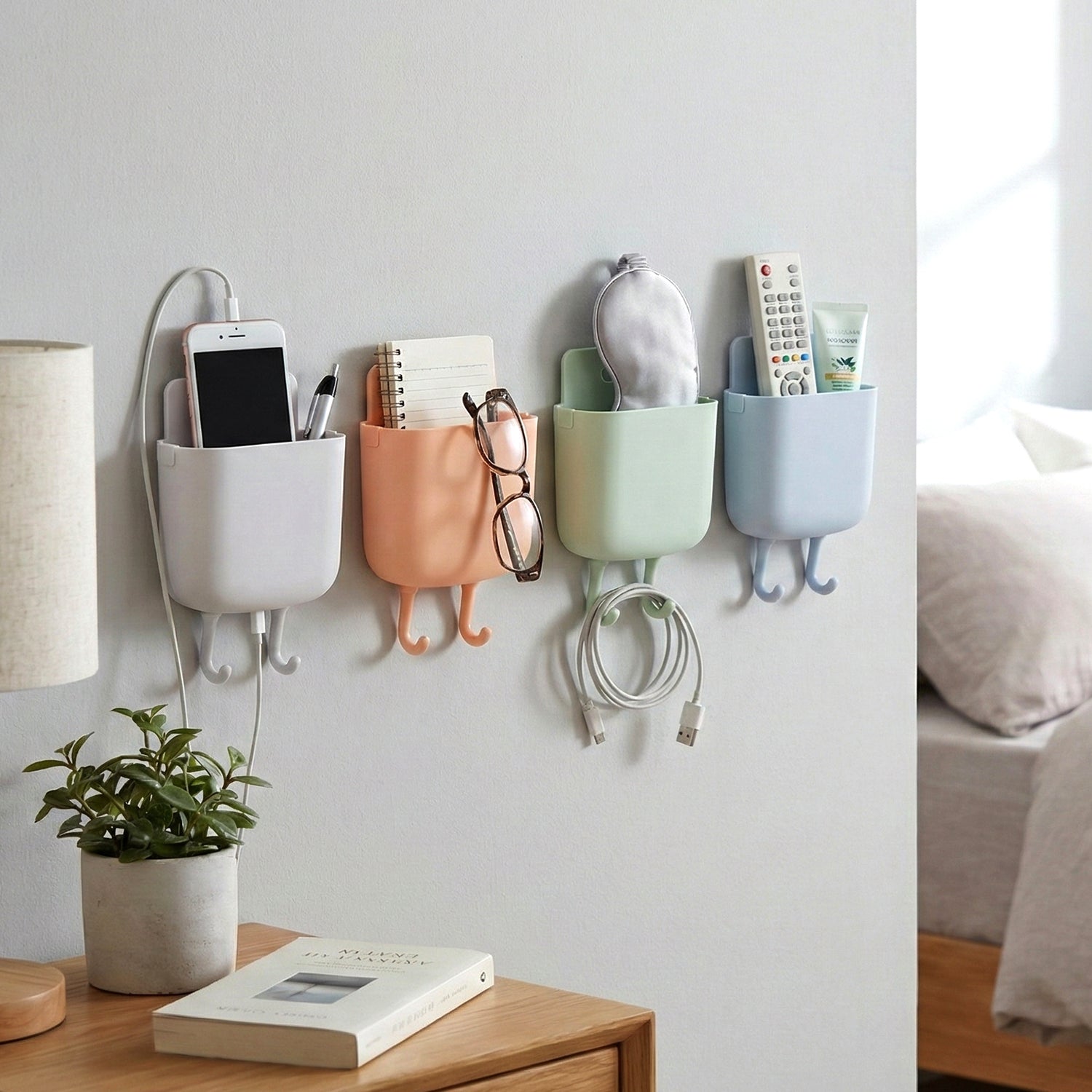 Multi-purpose Plastic Wall Mounted Mobile Charging Holder Set (4 Pc)